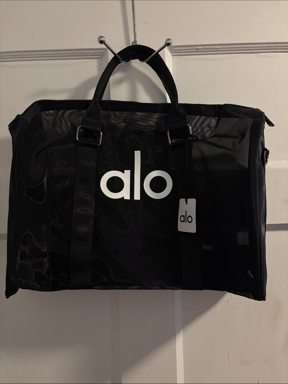 ALO Yoga Black Mesh Duffel with White Logo - Picture 2 of 4